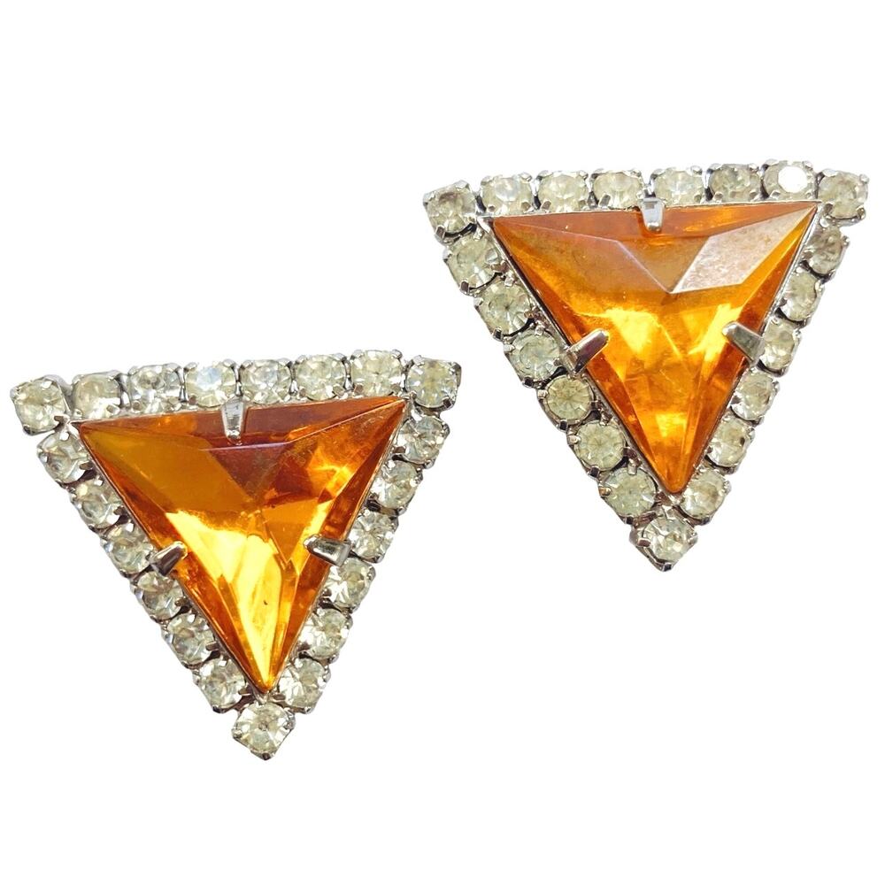 VTG Mid Century Mod Earrings Lucite Rhinestone Silver Tone Clip On Bold Sparkly